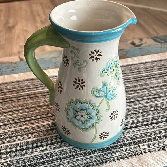 Dutch Wax Hand Painted Peacock Floral Pitcher Coastline Import - Picture 3 of 5